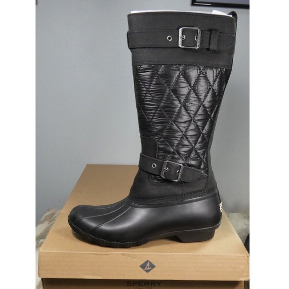Sperry Calf High Boot Winter Leather and Quilted Nylon 9 Black - Picture 1 of 9